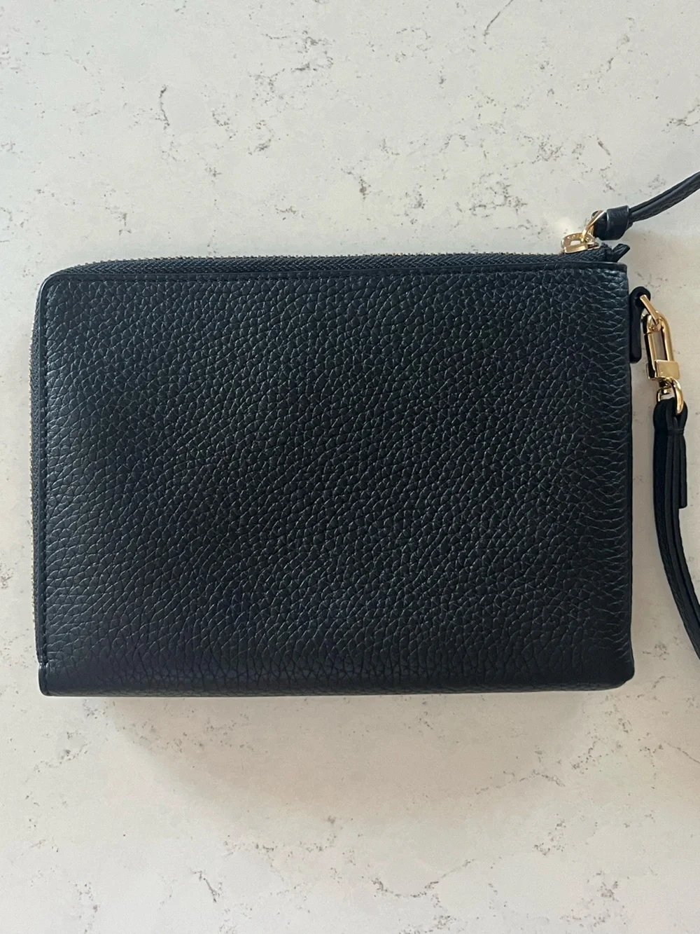 Tory Burch Black Pebbled Leather Zip Wristlet with Gold Hardware